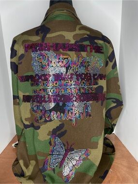 Custom Camo Embellished Butterfly Patch Jacket - Multicolor